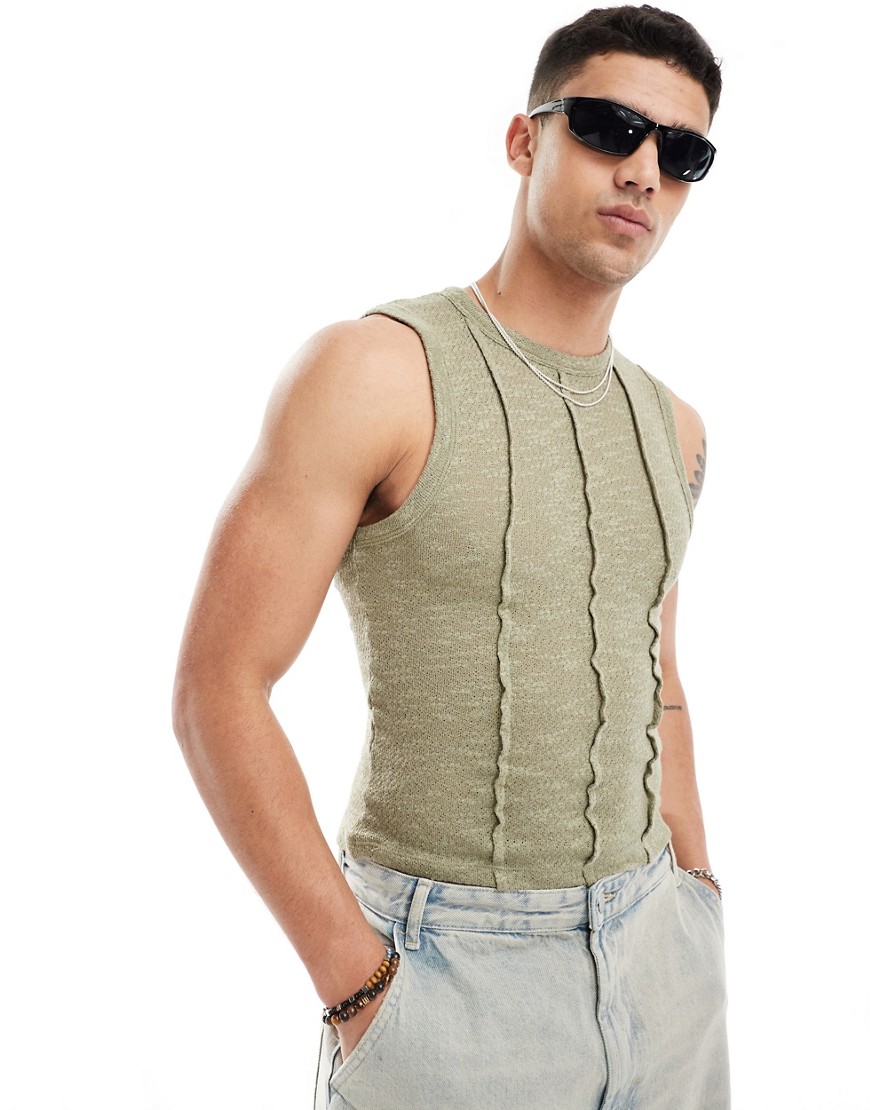 ASOS DESIGN muscle fit textured vest in khaki with seam detail-Green