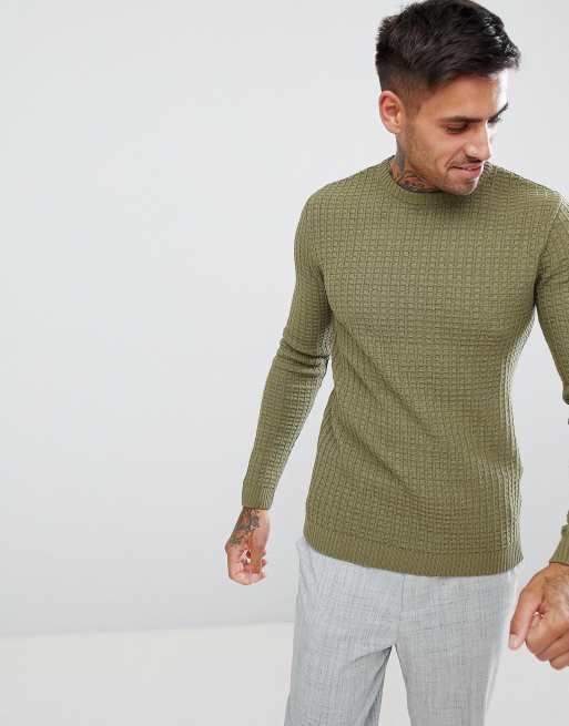 ASOS DESIGN - Muscle-fit trui met ronde hals en textuur in kaki