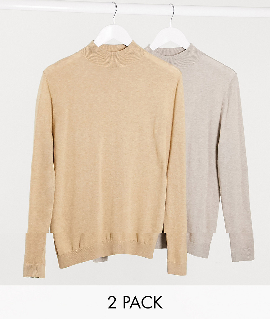 ASOS DESIGN muscle fit turtle neck multipack in sand and putty-Beige