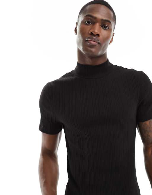 ASOS DESIGN muscle fit turtle neck t shirt in black rib