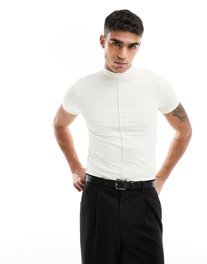 ASOS DESIGN muscle fit turtle neck t-shirt with seam detail in off white-Neutral