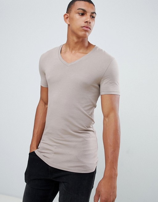 ASOS DESIGN muscle fit v neck t-shirt with stretch in beige | ASOS
