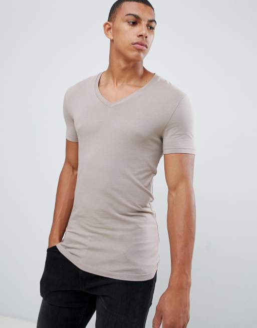 ASOS DESIGN muscle fit v neck tshirt with stretch in beige ASOS