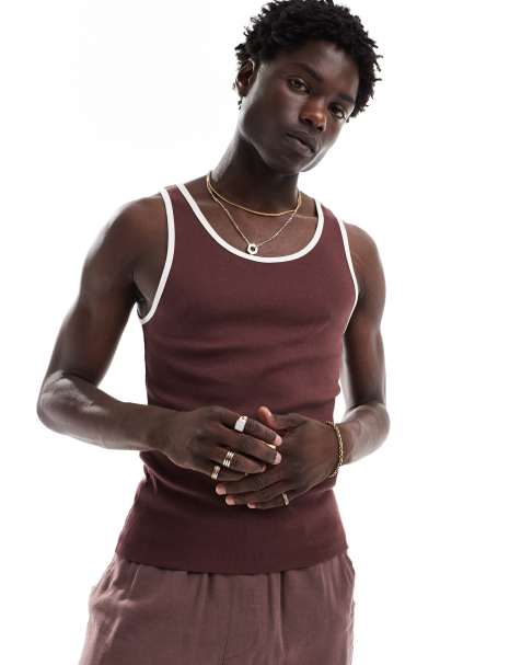 ASOS DESIGN muscle fit vest in brown with ecru contrast binding - view 1