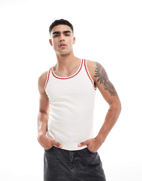 ASOS DESIGN muscle fit vest in cream with red zig-zag tipping - view 1