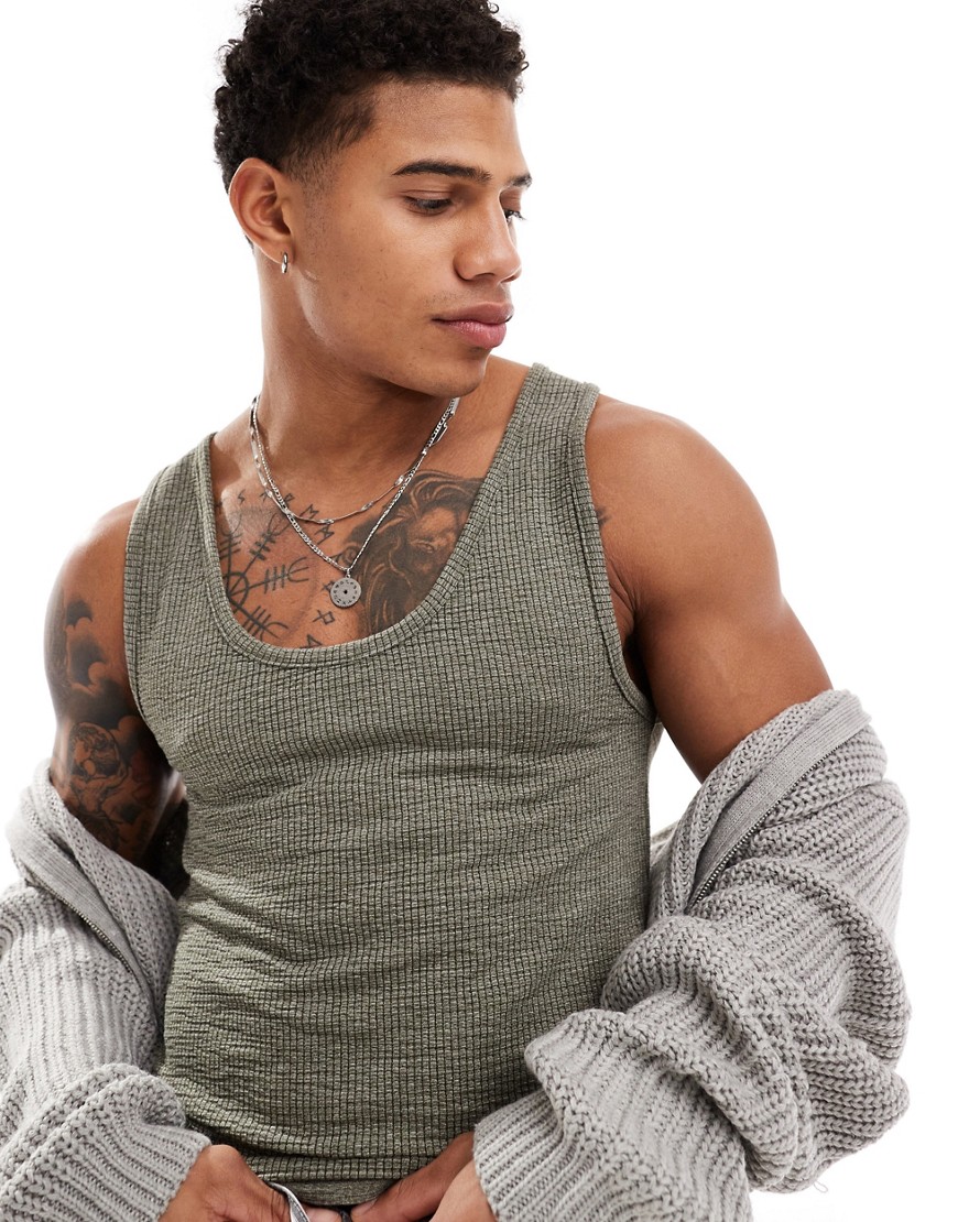 ASOS DESIGN muscle fit vest in khaki texture-Green