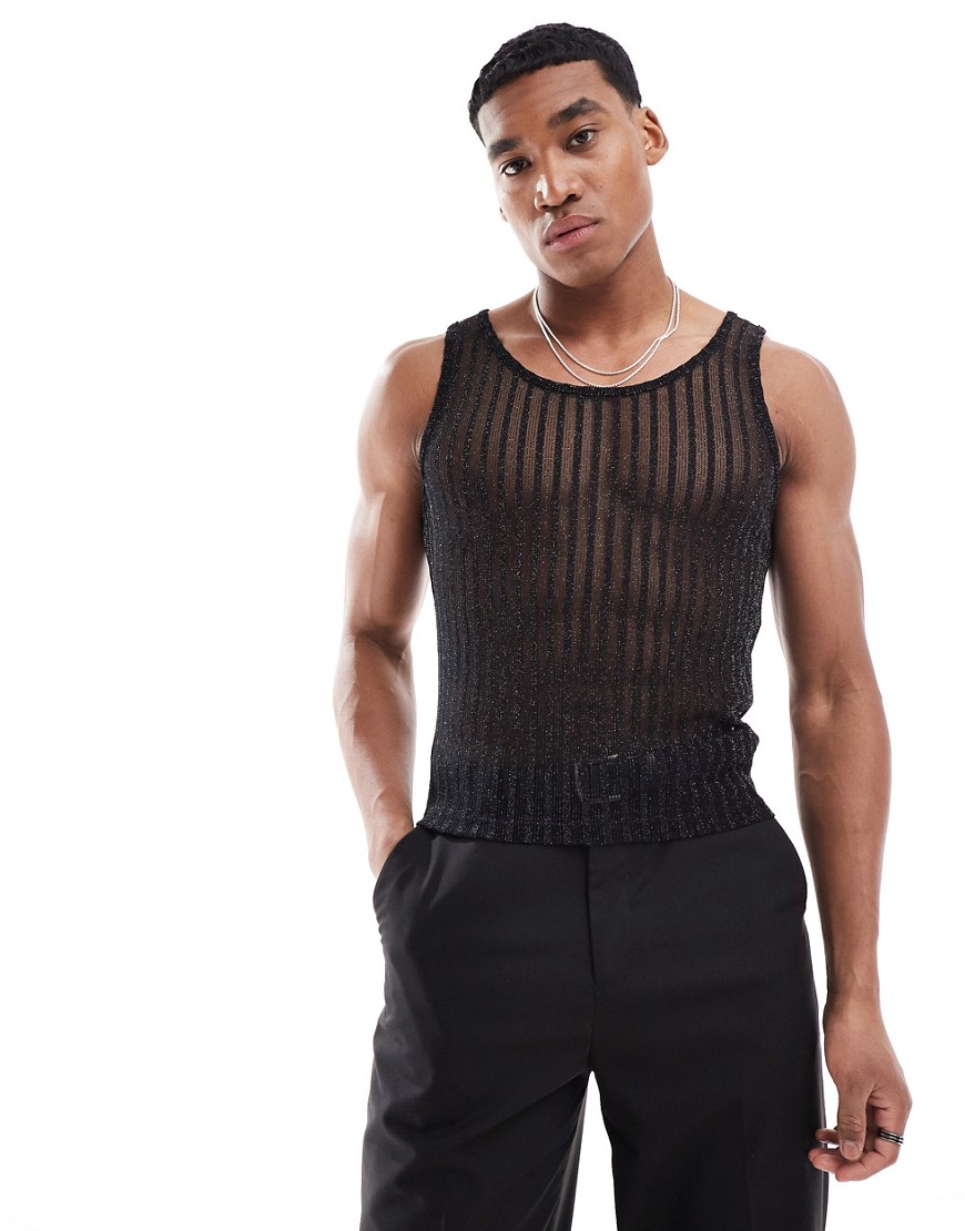ASOS DESIGN muscle fit vest in sheer glitter stripe-Black