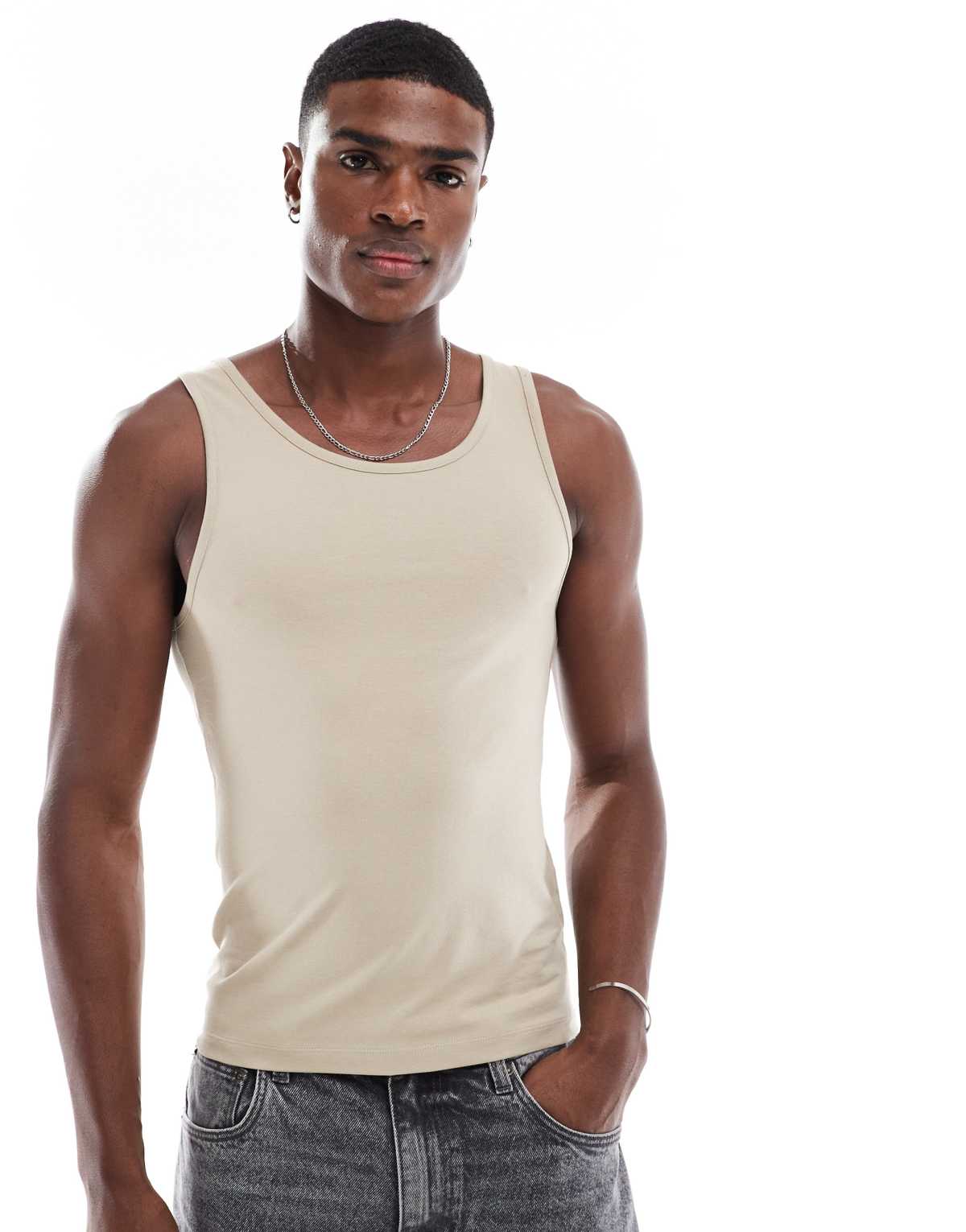 ASOS DESIGN muscle fit vest in stone