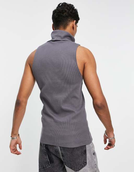 ASOS DESIGN muscle fit vest in waffle and roll neck in washed black