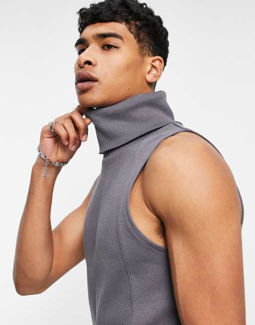 ASOS DESIGN muscle fit vest in waffle and roll neck in washed black