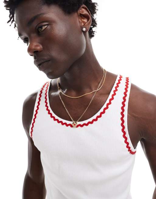 ASOS DESIGN muscle fit vest in white with red zigzig tipping , 2 of 4