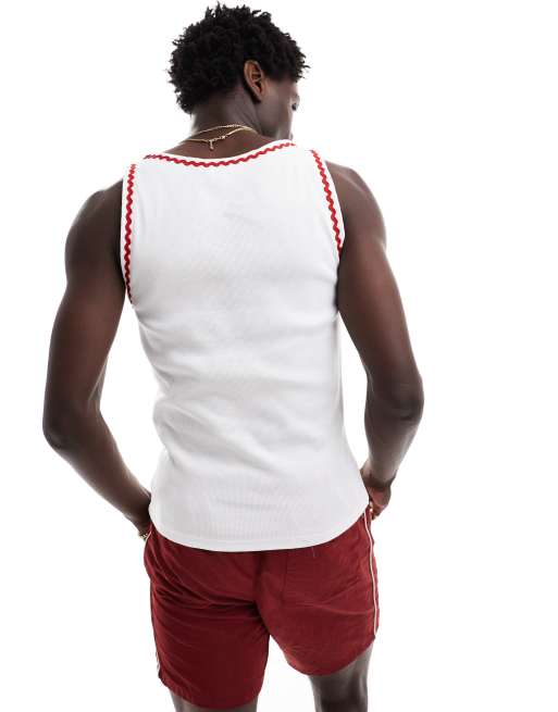 ASOS DESIGN muscle fit vest in white with red zigzig tipping , 4 of 4