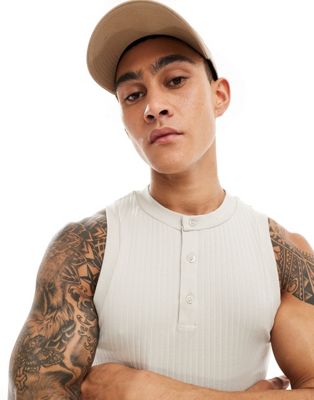 ASOS DESIGN muscle fit vest with henley neck in stone