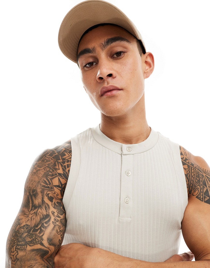 ASOS DESIGN muscle fit vest with henley neck in stone-Neutral