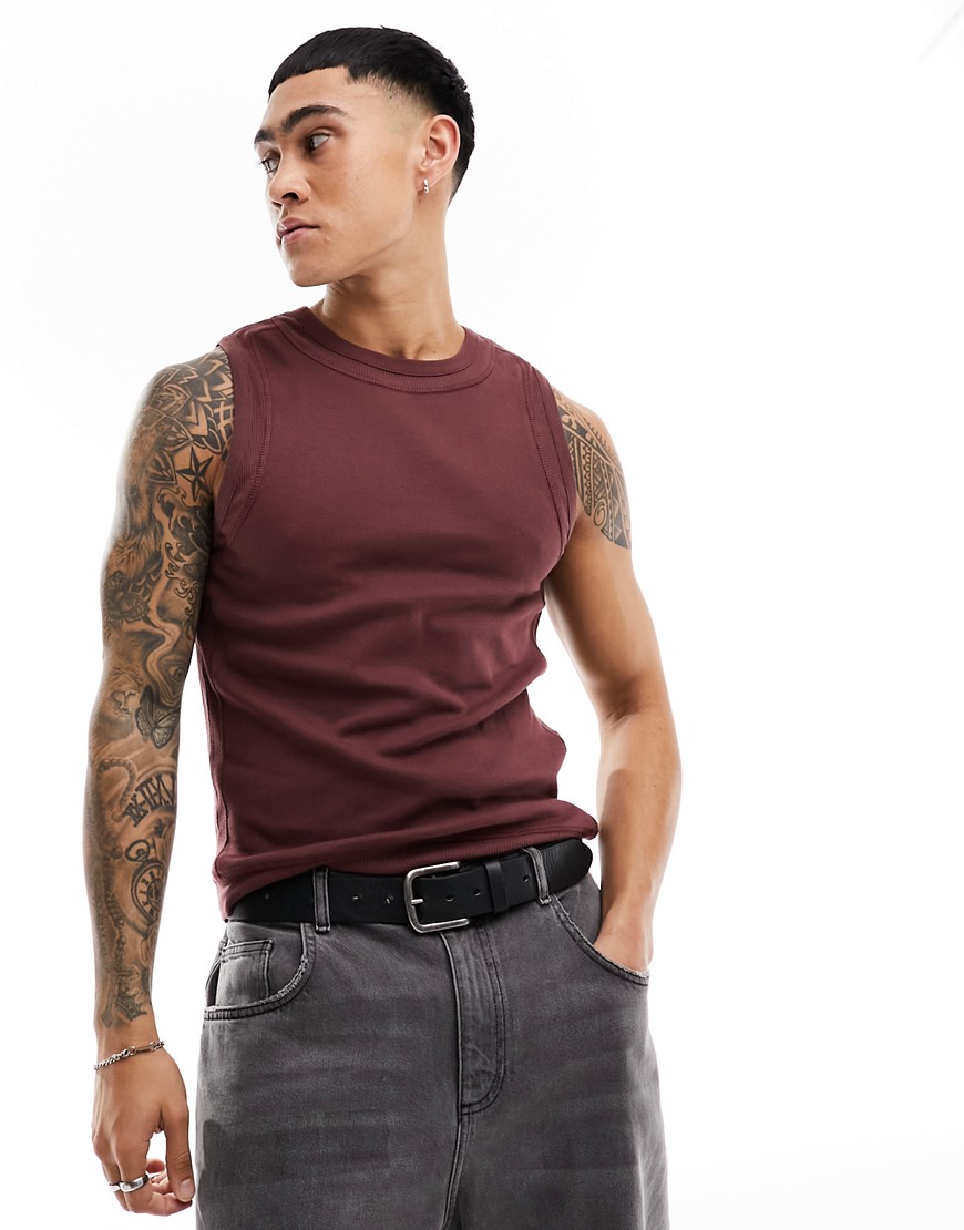 ASOS DESIGN muscle fit vest with panel detail in burgundy-Red