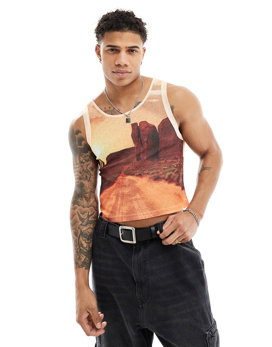 ASOS DESIGN muscle fit vest with scenic all over print-Orange