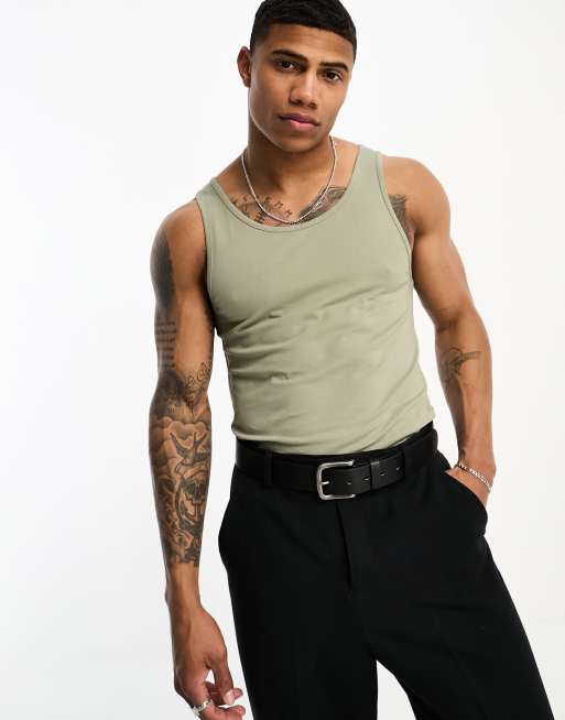 ASOS DESIGN muscle fit vest with scoop neck in khaki
