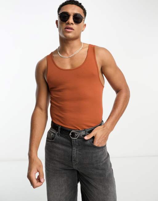 ASOS DESIGN muscle fit vest with scoop neck in tan