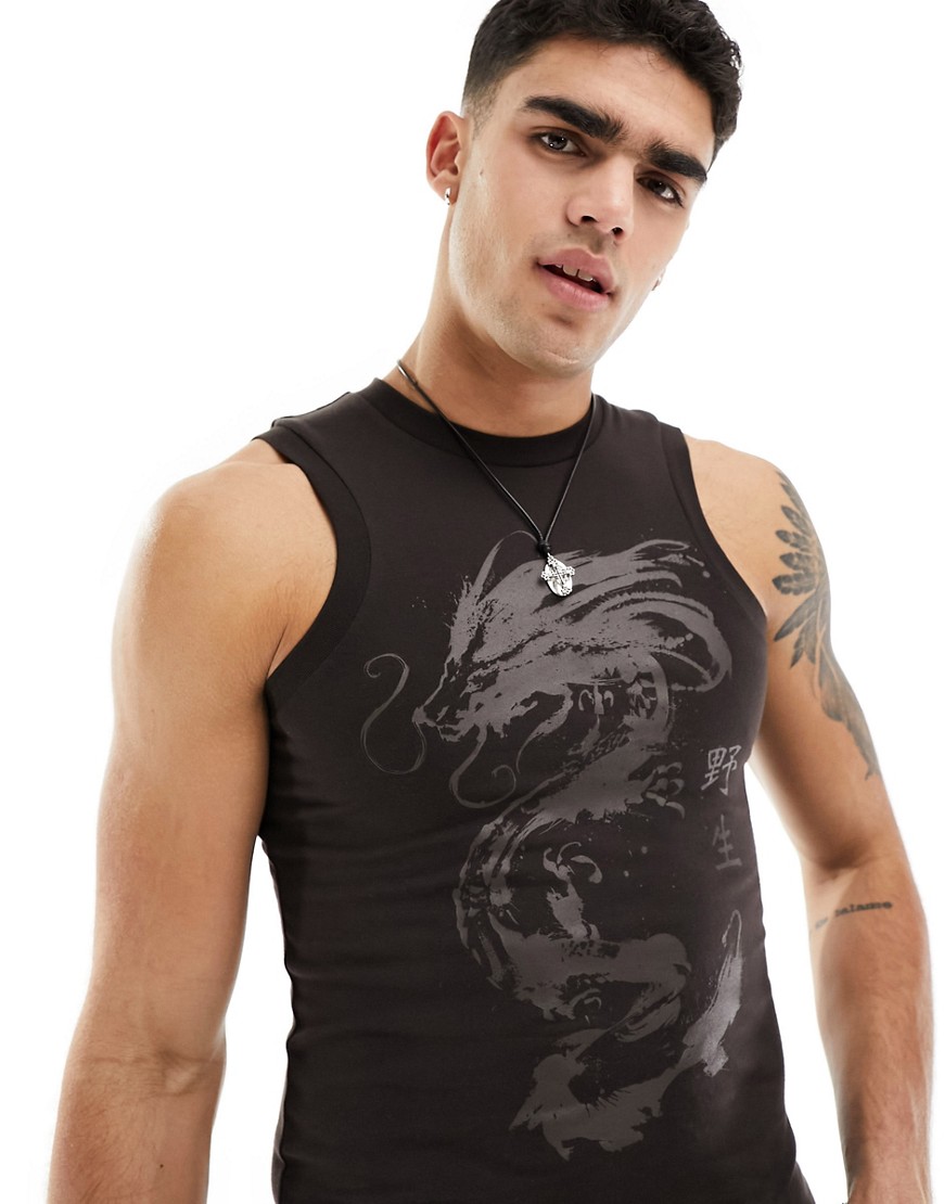 ASOS DESIGN muscle fit vest with tonal souvenir front print-Black