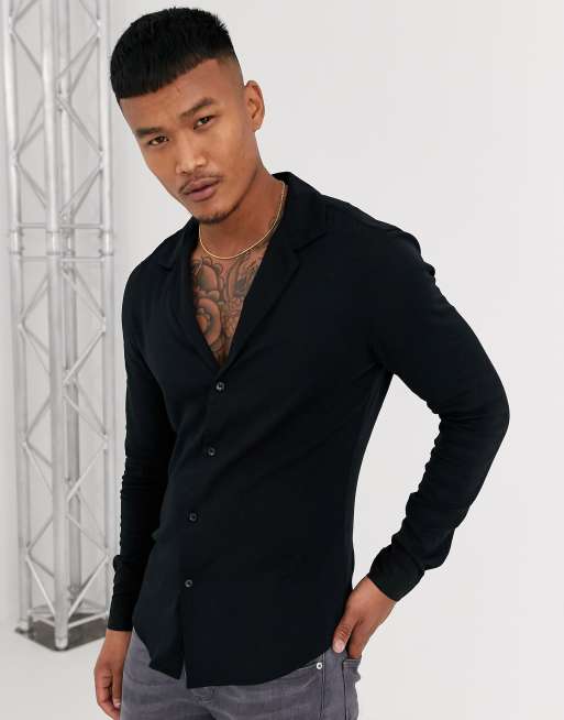 ASOS DESIGN - Muscle fit viscose overhemd met lage reverskraag in zwart