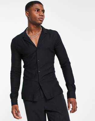 Asos Design Muscle Fit Viscose Shirt With Camp Collar In Black