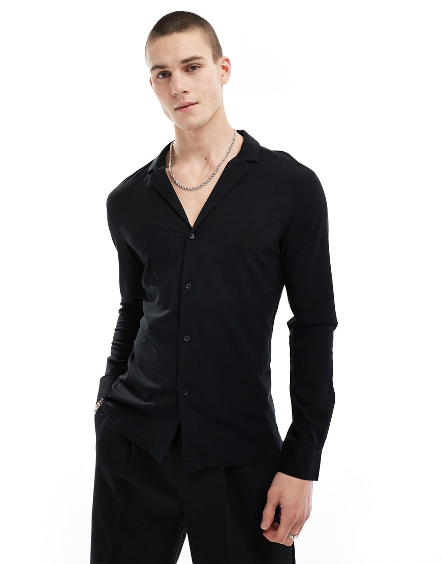 muscle fit viscose shirt with deep camp collar in black