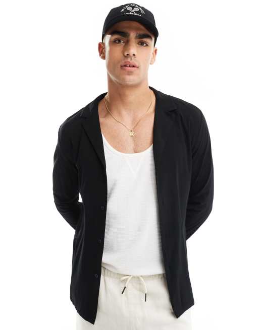 ASOS DESIGN muscle fit viscose shirt with deep camp collar in black