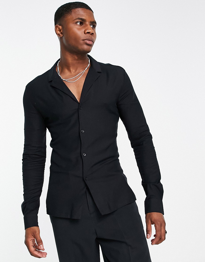 ASOS DESIGN muscle fit viscose shirt with revere collar in black