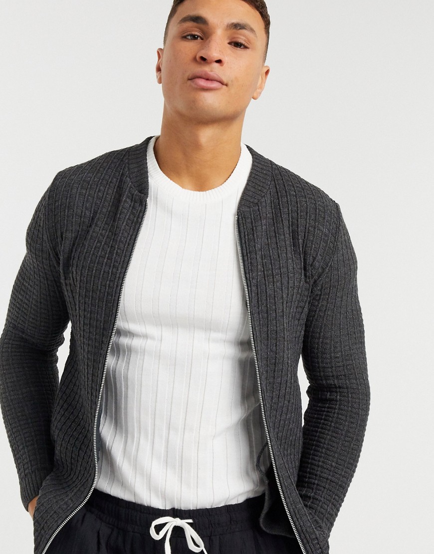 ASOS DESIGN muscle fit waffle knit bomber sweater in charcoal-Grey