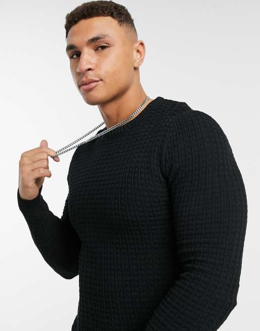 ASOS DESIGN muscle fit waffle knit jumper in black