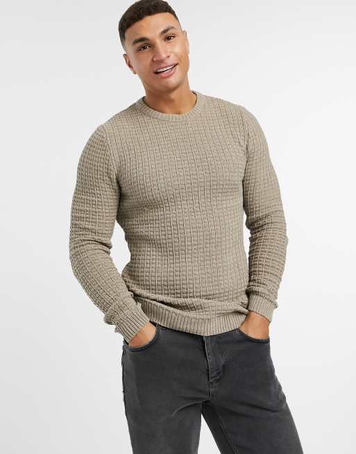 ASOS DESIGN muscle fit waffle knit jumper in oatmeal