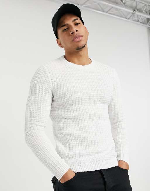 ASOS DESIGN muscle fit waffle knit jumper in white