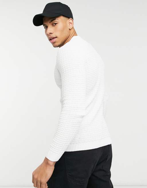 ASOS DESIGN muscle fit waffle knit jumper in white