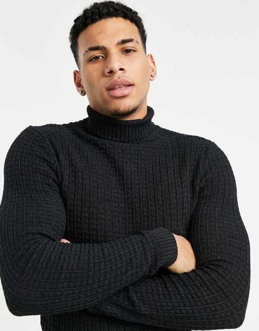 ASOS DESIGN muscle fit waffle knit roll neck jumper in charcoal