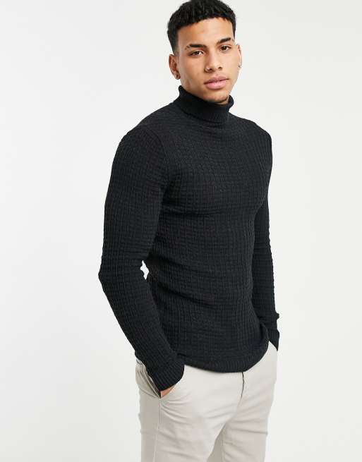 ASOS DESIGN muscle fit waffle knit roll neck sweater in charcoal | ASOS