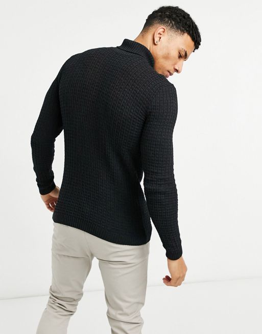 ASOS DESIGN muscle fit waffle knit roll neck sweater in charcoal