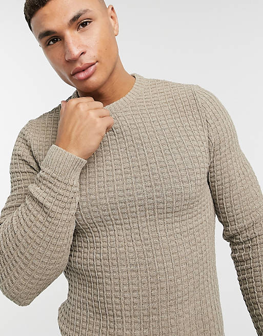 ASOS DESIGN muscle fit waffle knit sweater in oatmeal