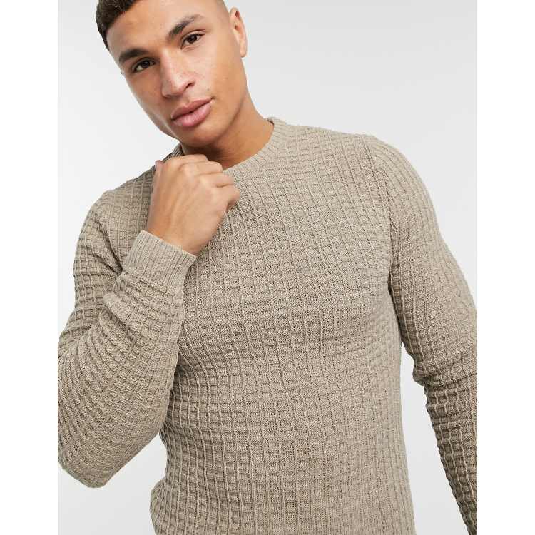 ASOS DESIGN muscle fit waffle knit sweater in oatmeal