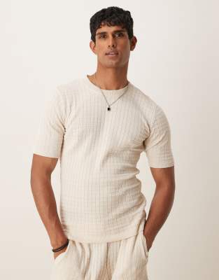 muscle fit waffle knit T-shirt in cream - part of a set-White