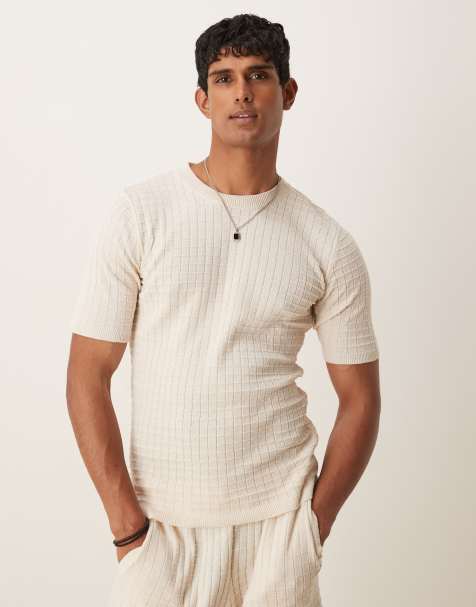 ASOS DESIGN muscle fit waffle knitted t-shirt in cream (Part of a set) - view 1