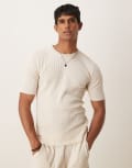 [ASOS DESIGN] ASOS DESIGN muscle fit waffle knitted t-shirt in cream (Part of a set)-White L CREAM