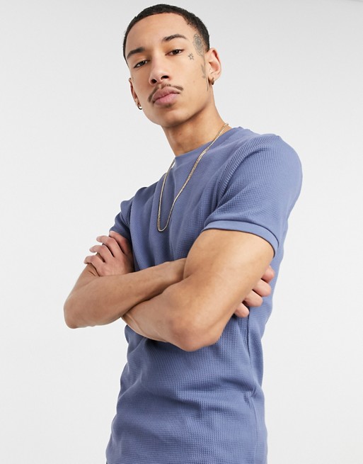 ASOS DESIGN co-ord muscle fit waffle t-shirt in washed navy