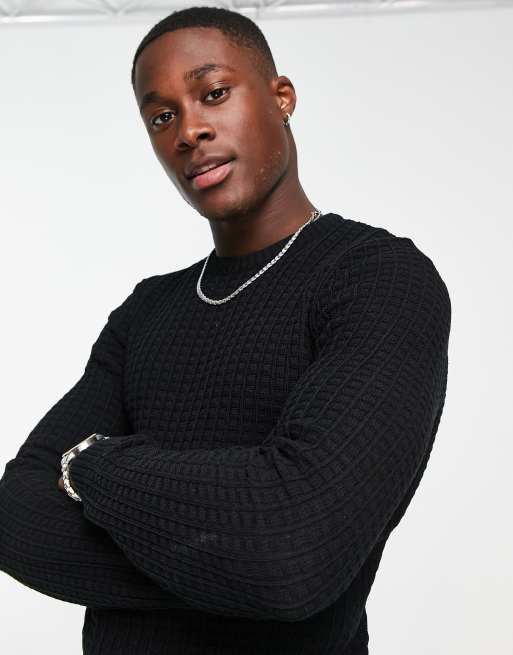 ASOS DESIGN muscle fit waffle texture jumper in black | ASOS