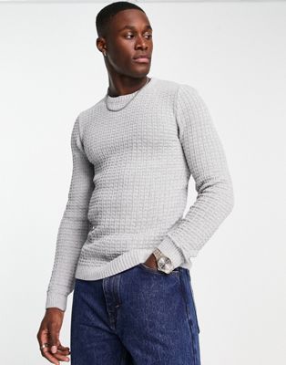 ASOS DESIGN muscle fit waffle texture jumper in grey | ASOS