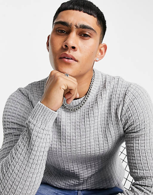  muscle fit waffle texture jumper in light grey 