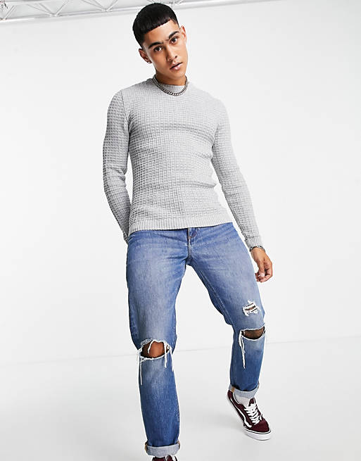  muscle fit waffle texture jumper in light grey 