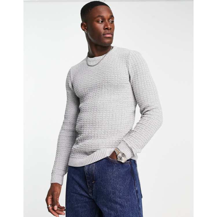 ASOS DESIGN muscle fit waffle texture sweater in gray