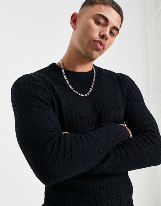 ASOS DESIGN muscle fit waffle texture sweater in navy