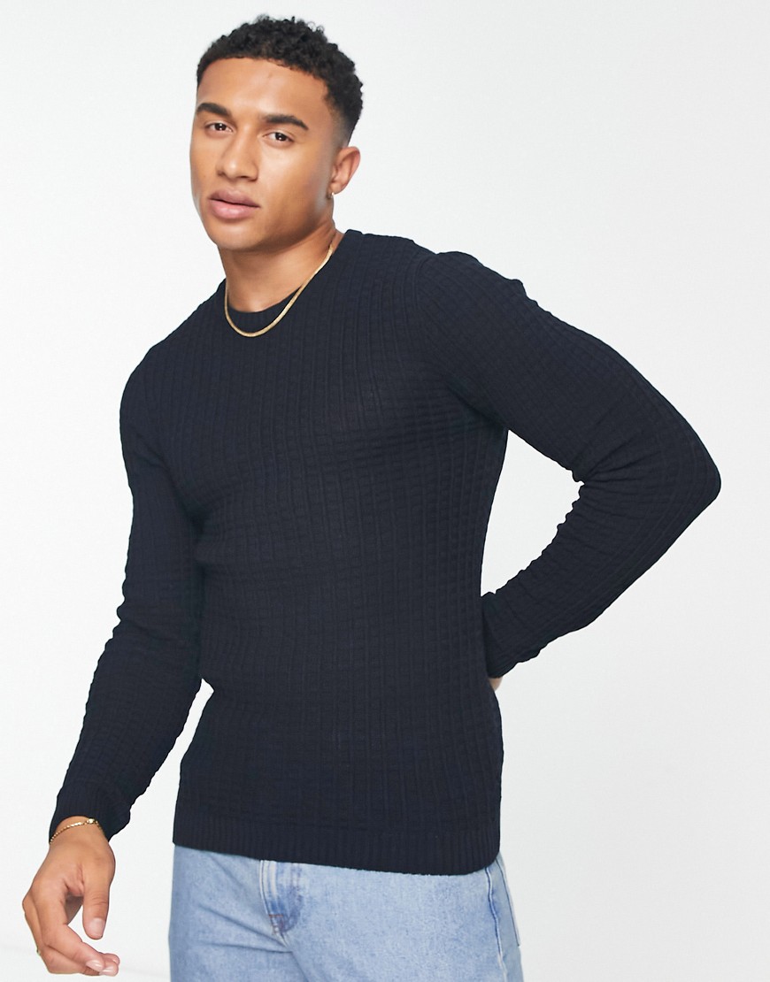 ASOS DESIGN muscle fit waffle texture sweater in navy