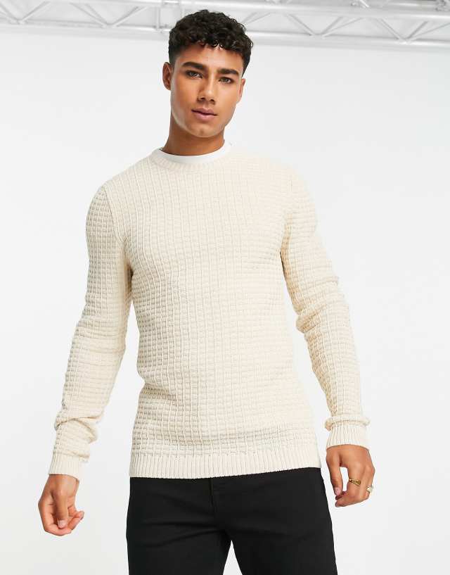 ASOS DESIGN muscle fit waffle texture sweater in oatmeal